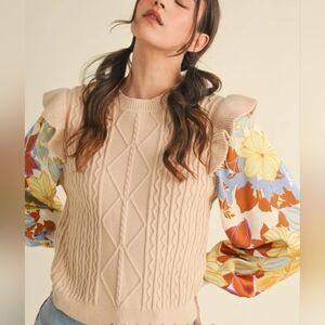 Women's Beige Sweater with Floral Sleeves